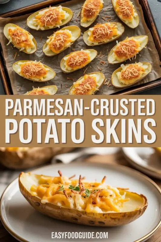 Golden Parmesan-Crusted Potato Skins topped with melted cheddar, bacon, and chives, served with sour cream.