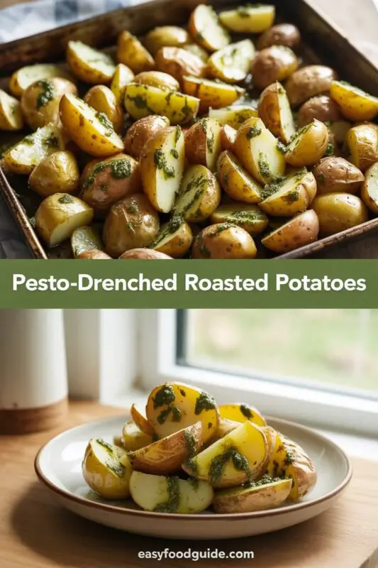 Crispy roasted potatoes coated in basil pesto, garnished with fresh basil leaves, served on a rustic wooden table.