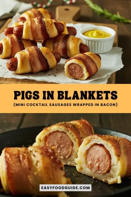 pigs-in-blankets-3 A delicious platter of Pigs in Blankets with sausages wrapped in bacon, served with dipping sauces.