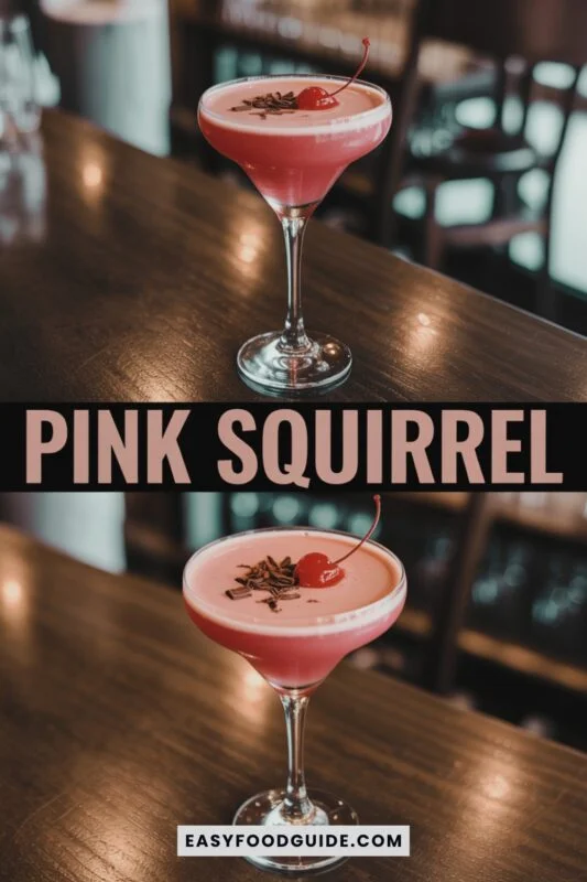 pink-squirrel-1 A pink squirrel cocktail in a glass, garnished with chocolate shavings and a cherry, on a bar counter.