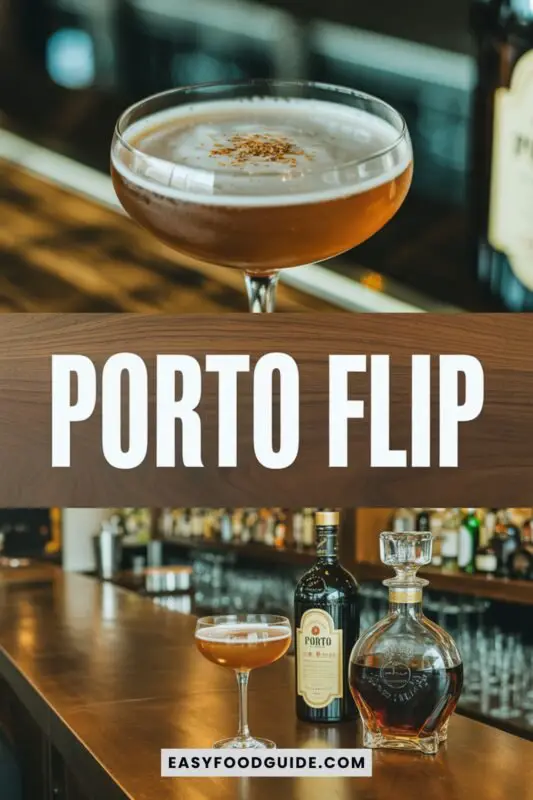 porto-flip-1 A Porto Flip cocktail in a coupe glass, garnished with nutmeg, on a wooden bar with port wine and brandy.