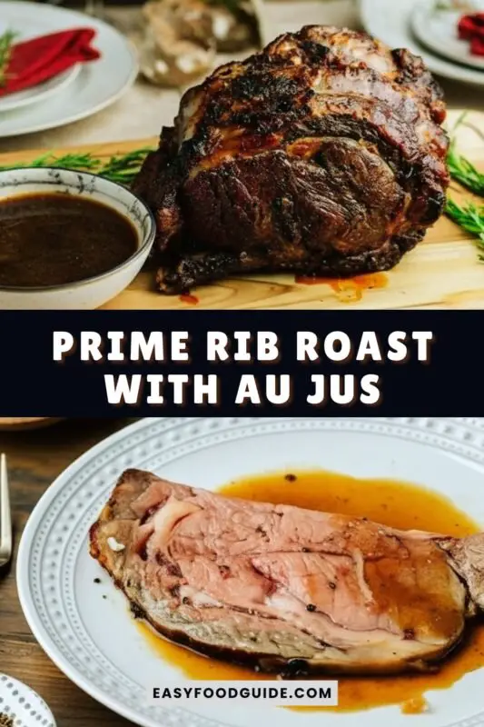 prime-rib-roast-1 A succulent Prime Rib Roast with Au Jus, garnished with herbs, on a rustic cutting board.