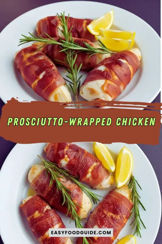 prosciutto-wrapped-chicken-1 Air fryer prosciutto-wrapped chicken breasts on a white platter with rosemary and lemon wedges.