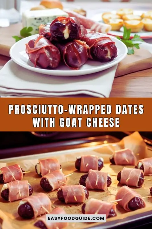 prosciutto-wrapped-dates-3 A beautiful display of Prosciutto-Wrapped Dates with Goat Cheese on a wooden platter, garnished with herbs and honey.