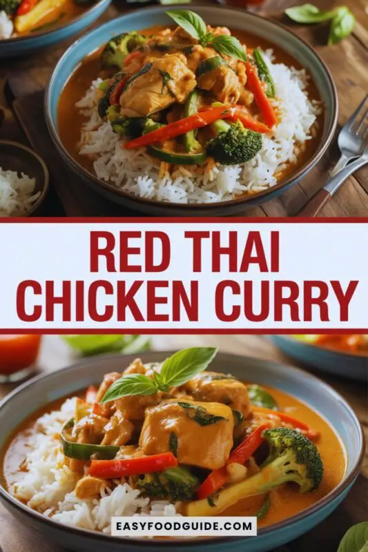 red-thai-chicken-curry-1 A bowl of red Thai chicken curry with chicken, bell peppers, and broccoli, garnished with basil, served over jasmine rice.