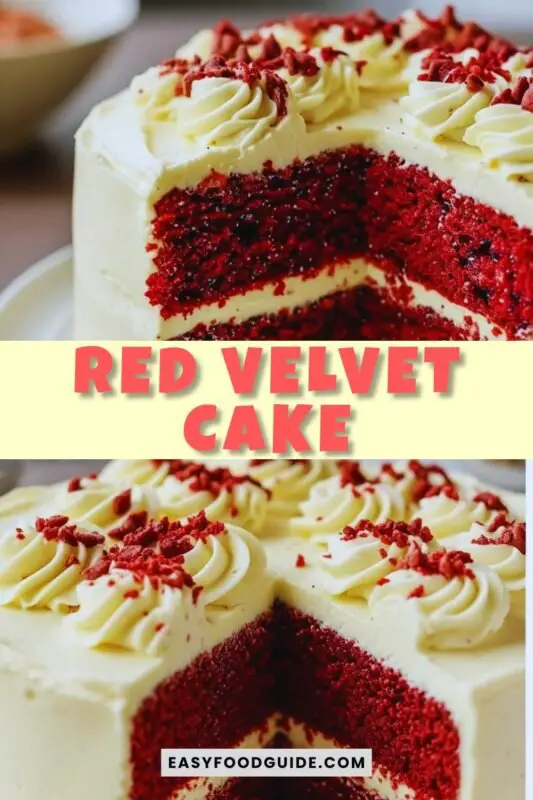 red-velvet-cake-1 Moist red velvet cake with cream cheese frosting on a white stand, garnished with red crumbs, styled with linen napkin and silver fork.