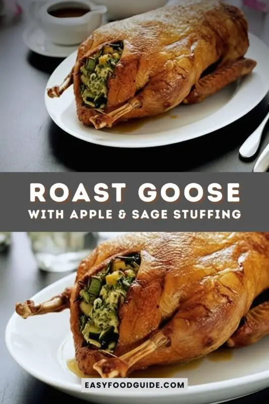 roast-goose-1 Roast goose with apple and sage stuffing, served with roasted potatoes and vegetables on a festive table.