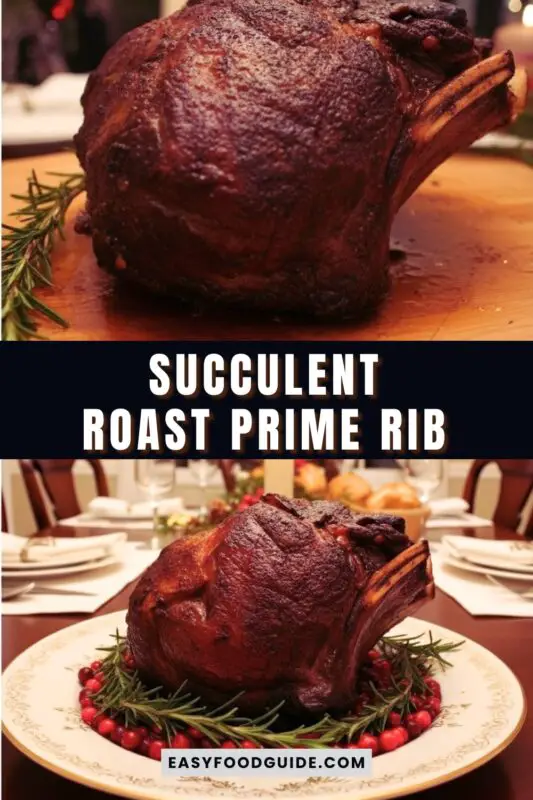 A beautifully sliced prime rib roast on a silver platter, garnished with rosemary and cranberries.