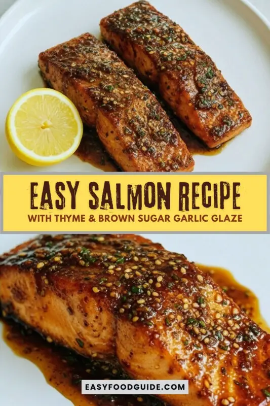 Glazed salmon fillet with brown sugar garlic sauce, garnished with thyme, served with vegetables and lemon.