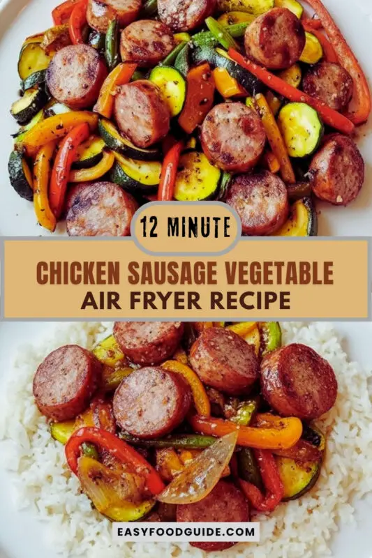 Air-fried chicken sausage and vegetables on a plate, showcasing colorful bell peppers, zucchini, and onions.