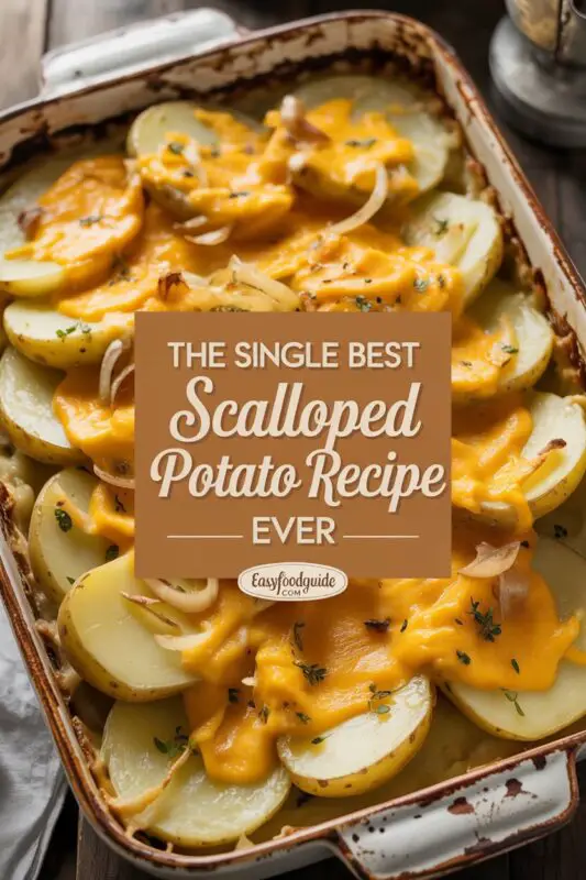 A delicious serving of baked cheesy scalloped potatoes with a golden crust.