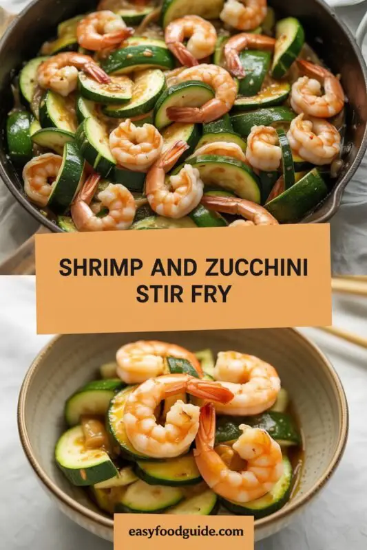 A colorful shrimp and zucchini stir fry with shrimp, zucchini slices, and green onions in a white bowl on a wooden table.