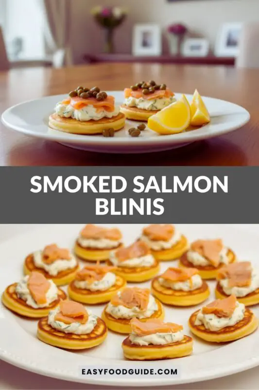 smoked-salmon-blinis-3 A stylish platter of mini blinis topped with smoked salmon and dill cream cheese, garnished with capers, perfect for dinner party appetizers.