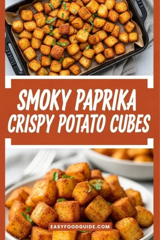 Crispy smoky paprika potato cubes on a plate, garnished with parsley, on a rustic wooden table.