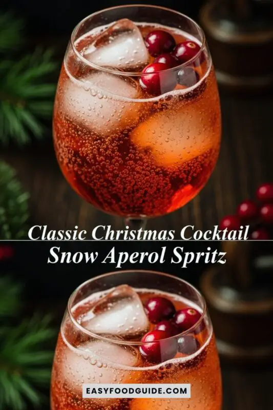 Festive Snow Aperol Spritz cocktail in glasses with ice, garnished with cranberries and rosemary, on a holiday-themed table.