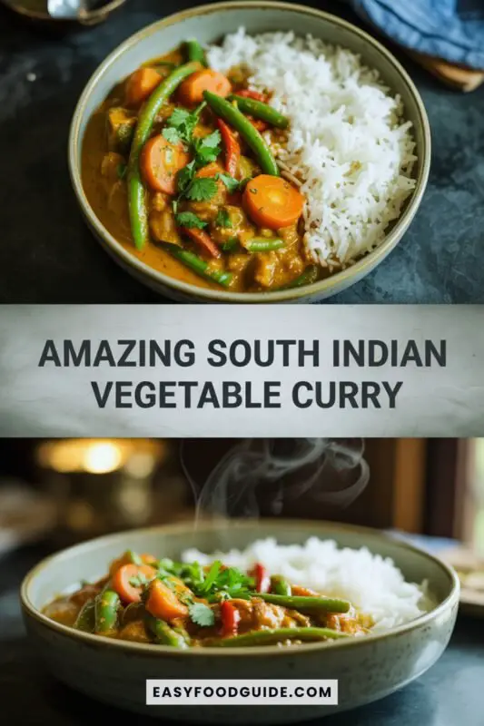 south-indian-vegetable-curry-1 A colorful bowl of South Indian vegetable curry with mixed vegetables in coconut sauce, garnished with cilantro, served with rice.