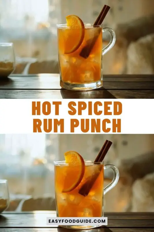 spiced-rum-punch-1 A steaming mug of Hot Spiced Rum Punch with orange and apple garnishes, surrounded by spices on a rustic table.