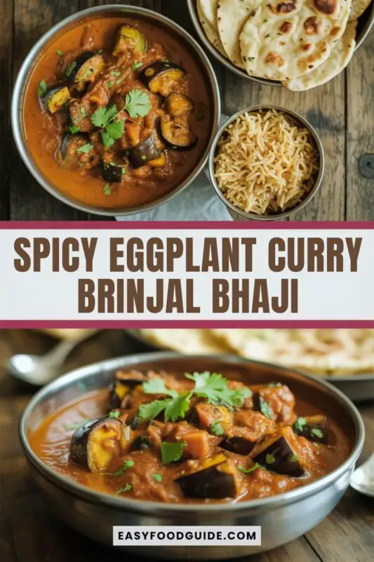 spicy-eggplant-curry-1 A bowl of spicy eggplant curry with eggplant pieces in tomato sauce, garnished with cilantro, served with rice and naan.