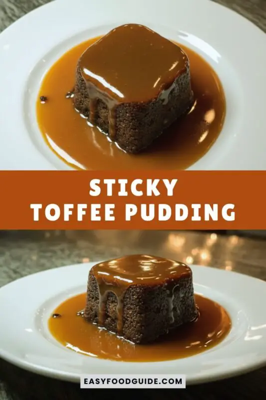 sticky-toffee-pudding-3 A slice of sticky toffee pudding with toffee sauce on a plate, garnished with mint.