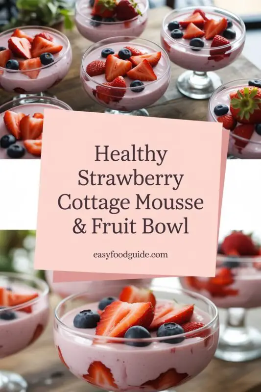 A bowl of strawberry cottage cheese mousse topped with blueberries and banana slices on a rustic wooden table.