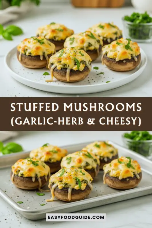 stuffed-mushrooms-3 A close-up of baked garlic-herb and cheesy stuffed mushrooms on a rustic platter, garnished with parsley.