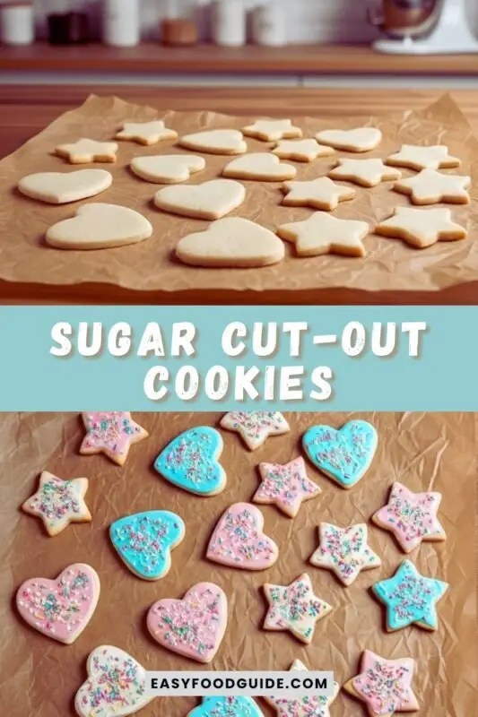 sugar-cut-out-cookies-1 Freshly baked sugar cut-out cookies in star and heart shapes, decorated with icing and sprinkles, on a wooden plate with soft daylight.