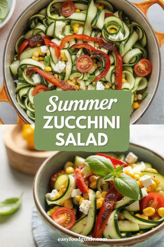 A colorful Mediterranean Zucchini Salad with zucchini ribbons, corn, tomatoes, peppers, and feta on a rustic table.