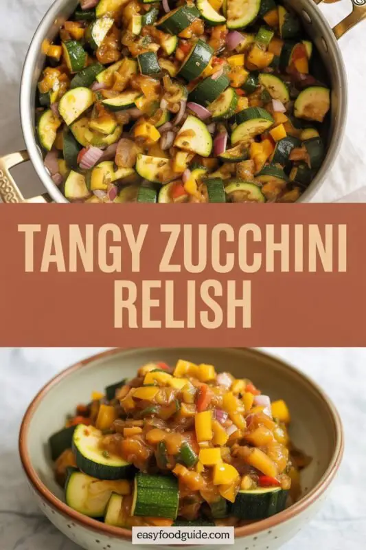 A jar of Tangy Zucchini Relish with chopped vegetables, placed on a wooden table with fresh zucchini.