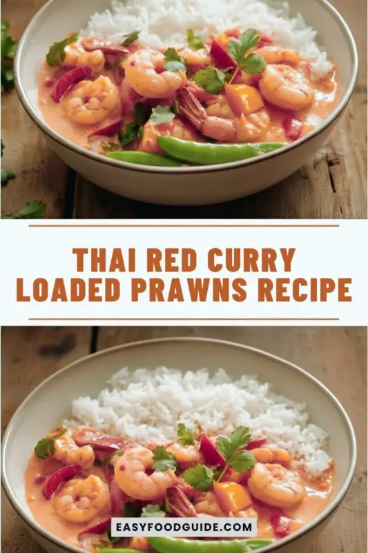 thai-red-curry-prawns-1 A bowl of Thai Red Curry Loaded Prawns with prawns, bell peppers, and snap peas in red curry sauce, served with rice.