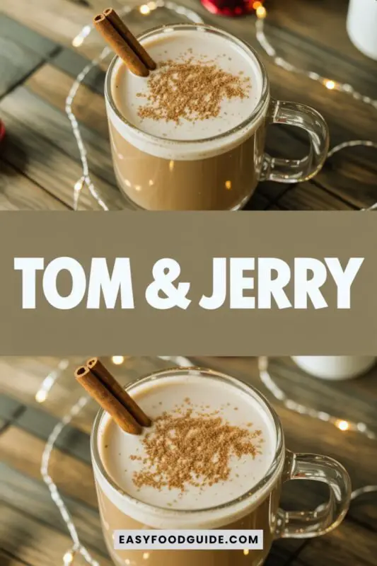 tom-and-jerry-1 A warm mug of Tom and Jerry cocktail garnished with nutmeg and cinnamon, surrounded by holiday decorations.
