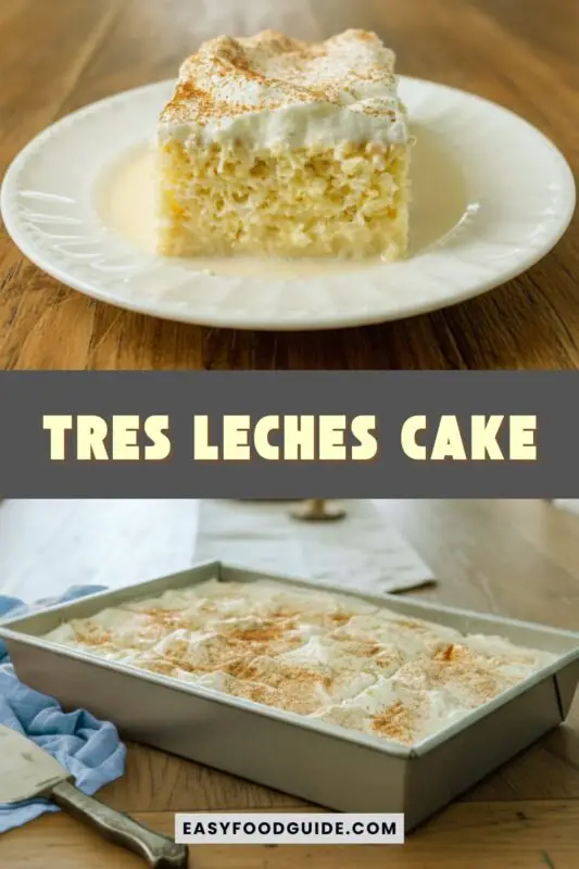 tres-leches-cake-1 A square pan of Tres Leches Cake with whipped cream topping and cinnamon dusting, styled with linen and a silver spoon.