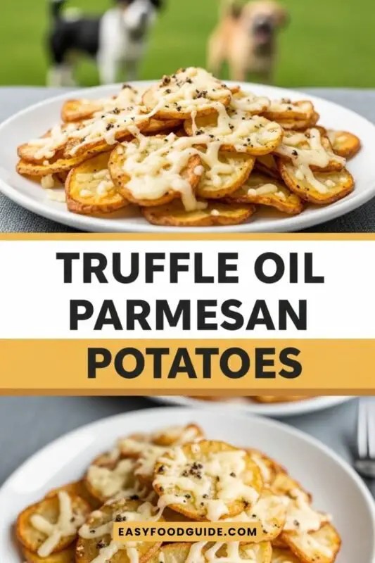 Golden roasted potatoes with truffle oil and Parmesan cheese on a rustic wooden table.