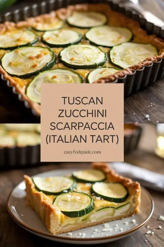 A savory Tuscan Zucchini Scarpaccia tart with zucchini and onion, garnished with basil, on a rustic wooden board.
