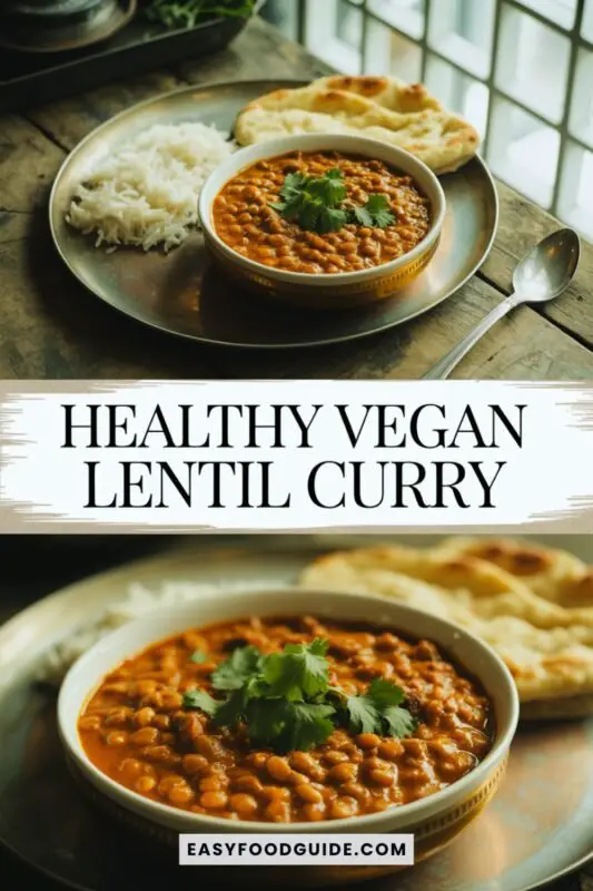 vegan-lentil-curry-1 A bowl of creamy coconut vegan lentil curry garnished with cilantro, served with rice and naan on a wooden table.