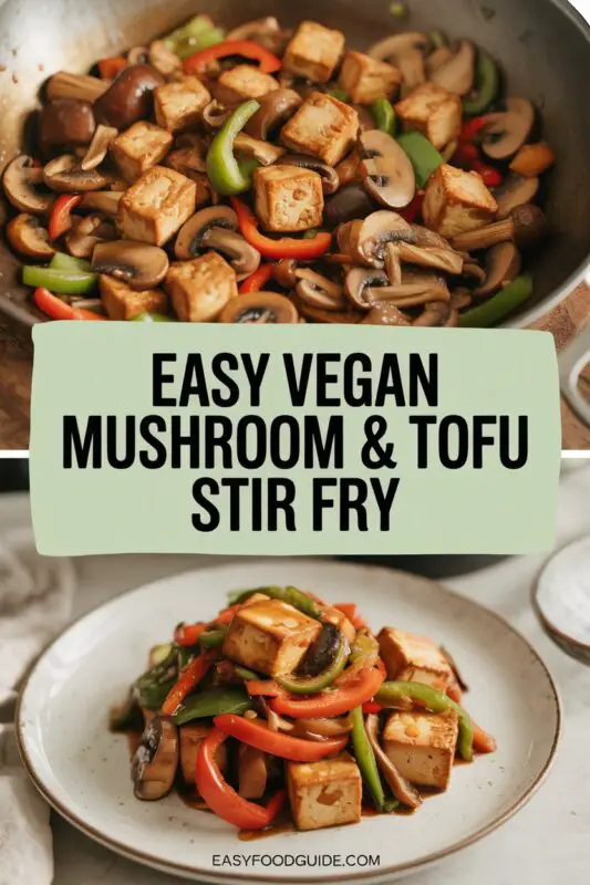 A colorful vegan mushroom and tofu stir fry with crispy tofu, mushrooms, bell peppers, and broccoli served over rice, garnished with sesame seeds and green onions.