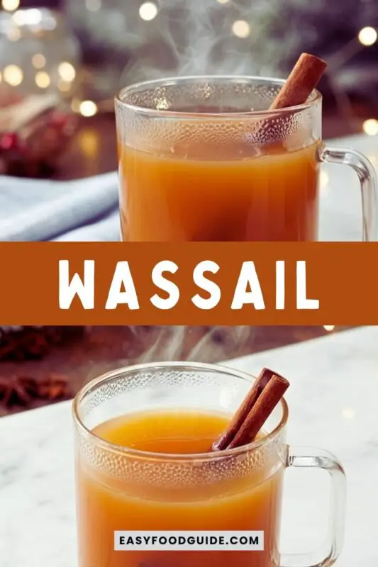 A pot of warm Wassail with fruit slices and cinnamon sticks, served in festive mugs.