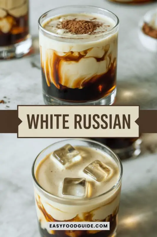 A classic White Russian cocktail in a glass with ice and cream, garnished with cocoa powder on a wooden table.