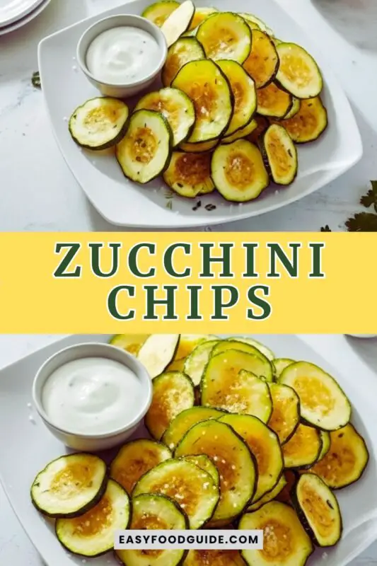 zucchini-chips-1 Crispy zucchini chips in a white ceramic bowl with sea salt and a dipping sauce on a bright background.