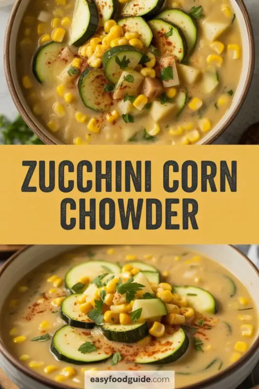 A creamy bowl of zucchini corn chowder with corn, zucchini, and carrots, garnished with parsley, on a rustic table with bread.