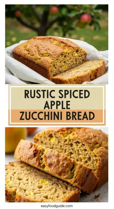 Create a Pinterest-optimized vertical image in a 2:3 aspect ratio featuring two stacked panels with a center overlay title. The top panel should show a wide shot of a big serving of Rustic Spiced Apple Bread in a baking pan, with a garden backdrop. Styled naturally to showcase the bread’s rustic texture, golden crust, hints of green specks and tinge, hints of yellow specks and tinge. Backdrop is blurred garden with apple tree. The bottom panel should feature a close-up, angled view of a few slices, highlighting the moist crumb, hints of green specks and tinge, hints of yellow specks and tinge. The center overlay title should display RUSTIC SPICED APPLE ZUCCHINI BREAD in an all-capital, artistic font, placed on a solid color block or soft shadow background that complements the warm, spiced tones of the bread — think pastel beige, muted orange, or cinnamon brown. Add small, subtle “easyfoodguide.com” branding text at the bottom of the image for a clean, professional finish.