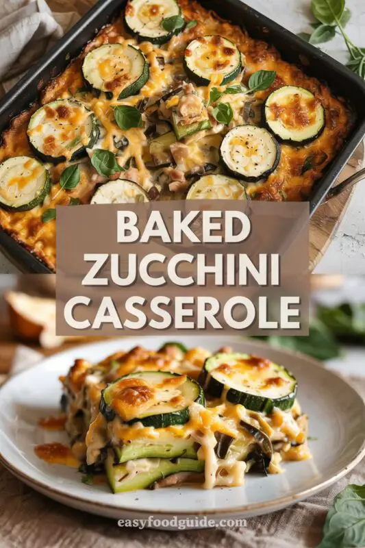 A golden brown baked zucchini casserole with melted cheese and fresh herbs on a wooden table.