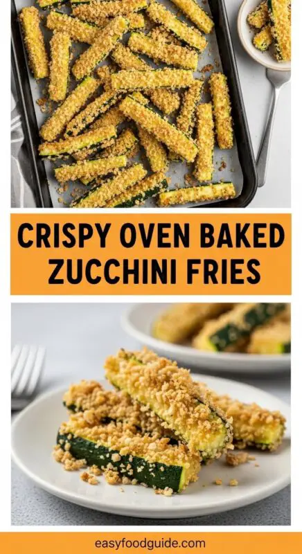 Crispy zucchini fries served with marinara sauce on a rustic wooden table.