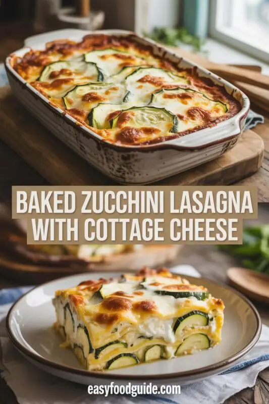 Baked Zucchini Lasagna with Cottage Cheese in a baking dish, garnished with basil, served on a wooden table.