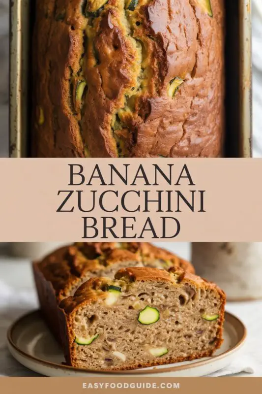 Sliced Banana Zucchini Bread on a wooden board with walnuts and coffee in the background.