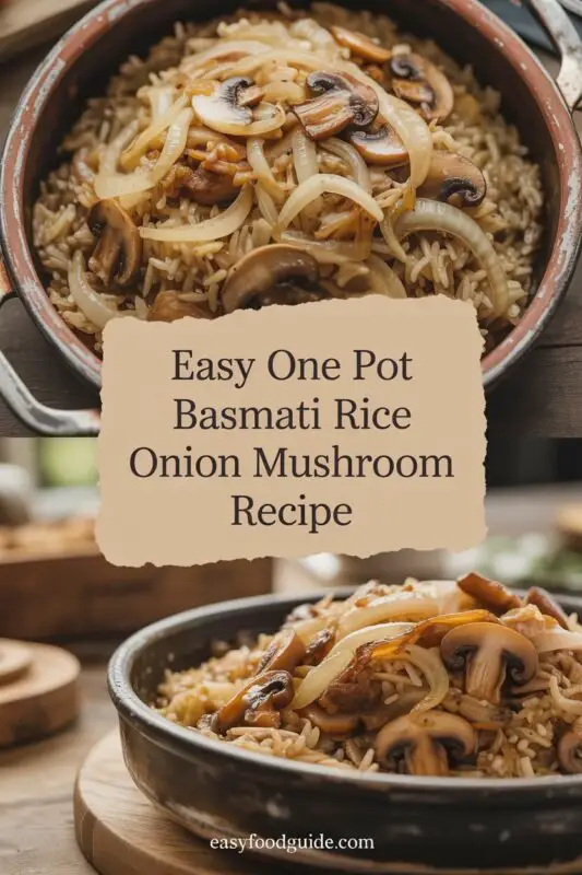 A bowl of one pot basmati rice with mushrooms and onions, garnished with herbs, on a wooden table.