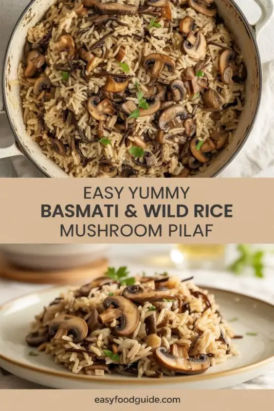 A colorful bowl of mushroom rice pilaf with basmati and wild rice, garnished with parsley and served with pecans.
