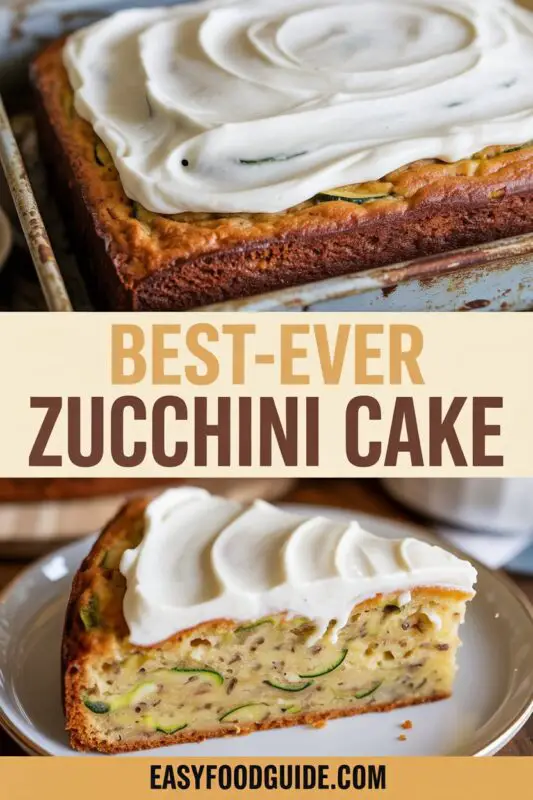 A moist zucchini cake topped with cream cheese frosting, displayed on a cake stand with fresh zucchinis in the background.