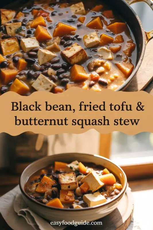 A comforting bowl of black bean, fried tofu, and butternut squash stew garnished with cilantro.