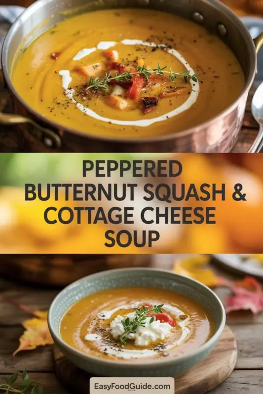 A bowl of creamy butternut squash soup garnished with herbs, served with crusty bread.