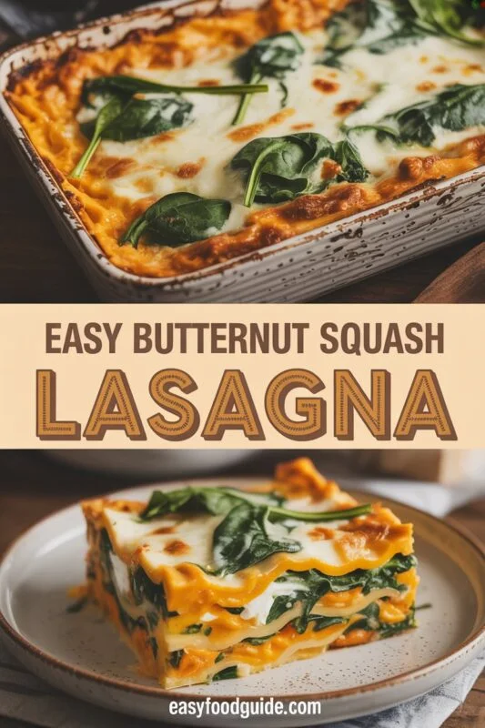 A hearty slice of butternut squash and spinach lasagna with melted cheese on a rustic table.